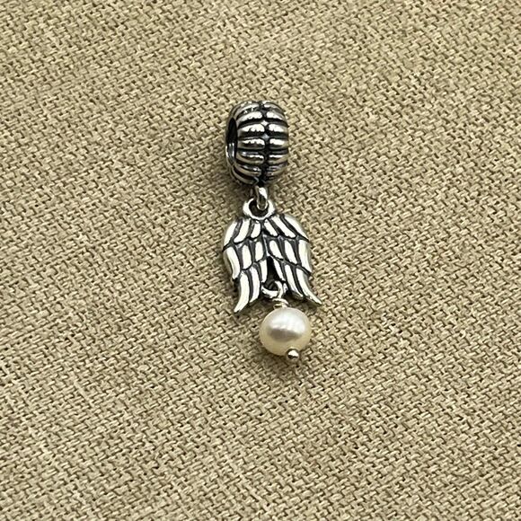 Pandora ALE S925 Sterling Silver Guardian Angel Wings Pearl Dangle Charm - Picture 1 of 5